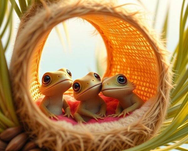 Three Frogs in a Woven Basket Surrounded by Leaves