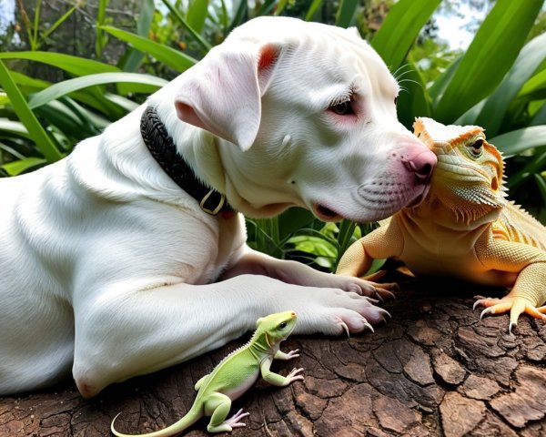 White Dog and Bearded Dragon Interact in Nature