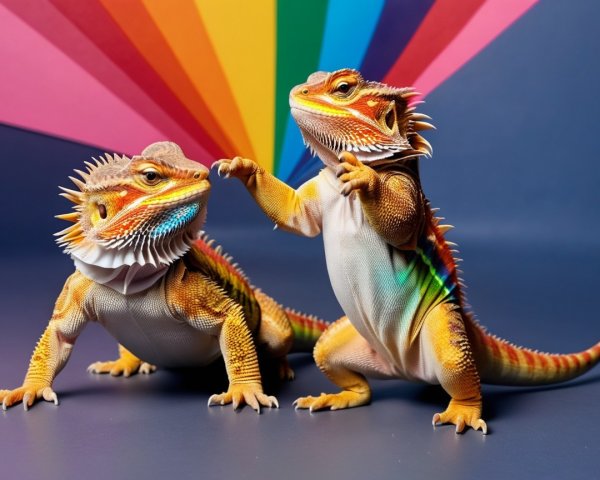 Vibrant Bearded Dragons Against Rainbow Background