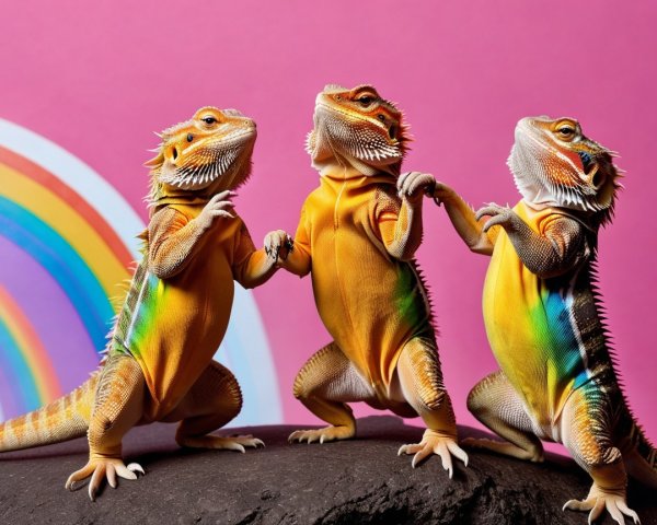 Colorful Bearded Dragons on Rock with Rainbow Background
