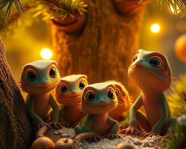 Colorful Cartoon Lizards in a Whimsical Forest Scene