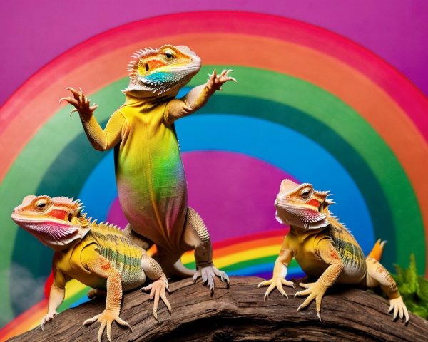 Colorful Bearded Dragons on Log with Rainbow Background