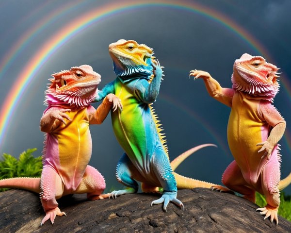 Colorful Lizards on Log Under Dramatic Sky