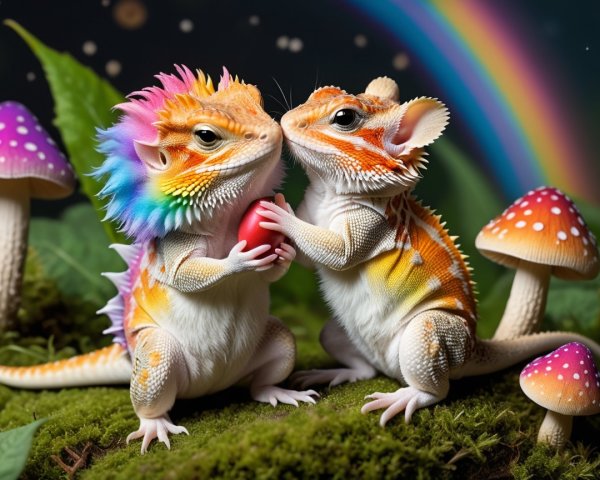 Colorful Lizards with Egg in Whimsical Scene