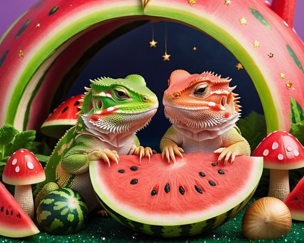 Colorful Lizards Beside Watermelon Slice in Whimsical Setting