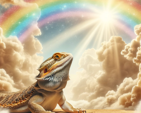 Bearded Dragon on Rocky Ledge Under Rainbow Sky
