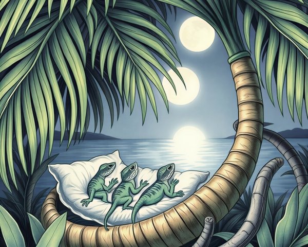 Lizards Relaxing on Cushion Among Tropical Landscape