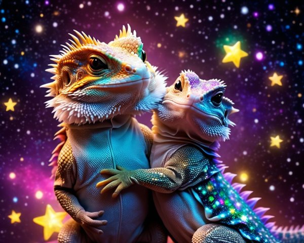 Colorful Lizards in Quirky Outfits Against Cosmic Background