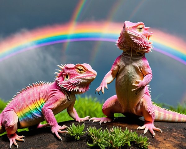 Pink Bearded Dragons with Rainbow Scales in Nature