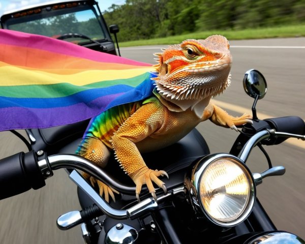 Bearded Dragon on Motorcycle with Rainbow Flag