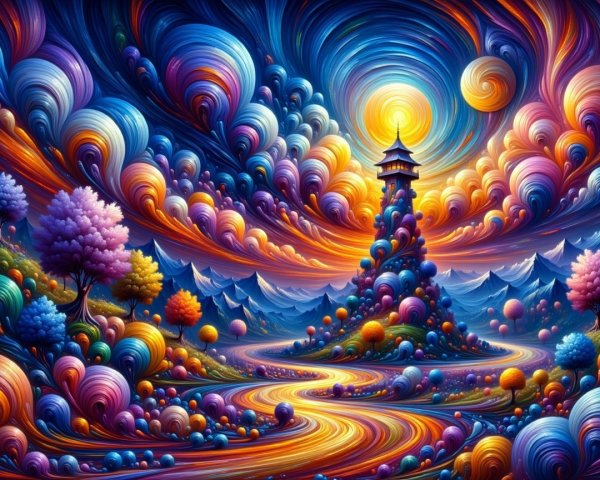 Vibrant Landscape with Tower and Abstract Trees