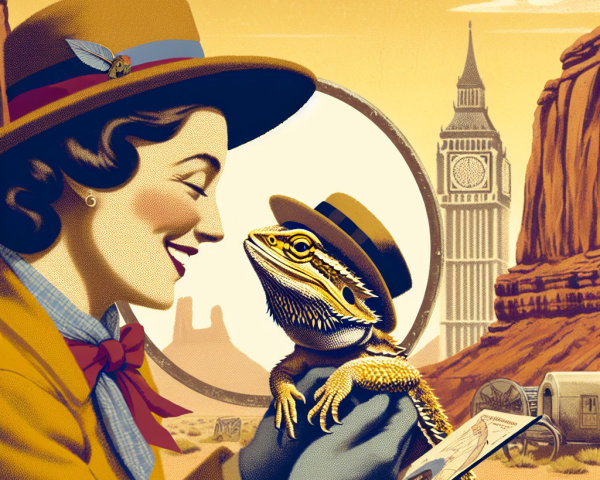 Vintage Illustration of Woman with Bearded Dragon