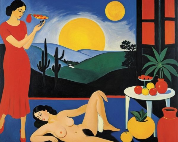 Vibrant Painting of Two Women in Colorful Landscape