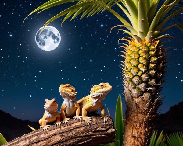 Bearded Dragons Basking Under Moonlight in Nature