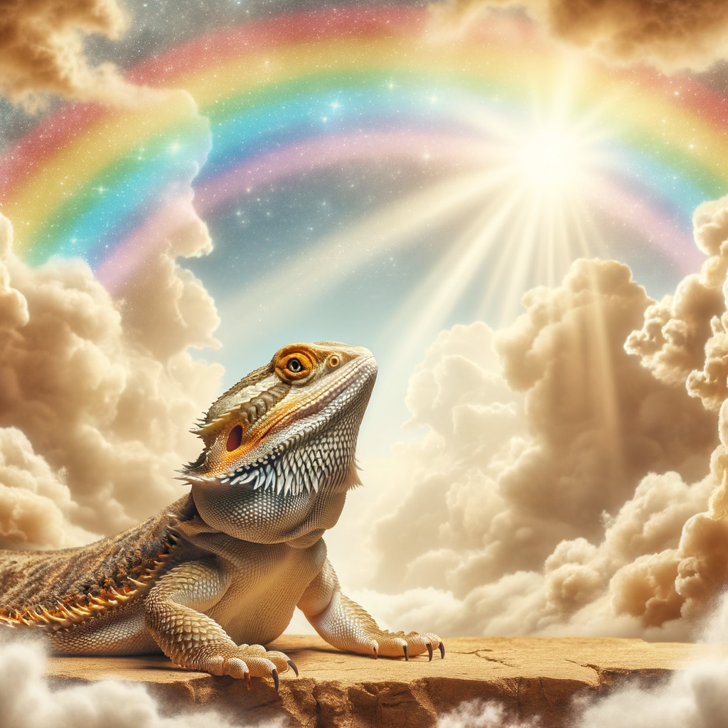 Bearded Dragon on Rocky Ledge Under Rainbow Sky