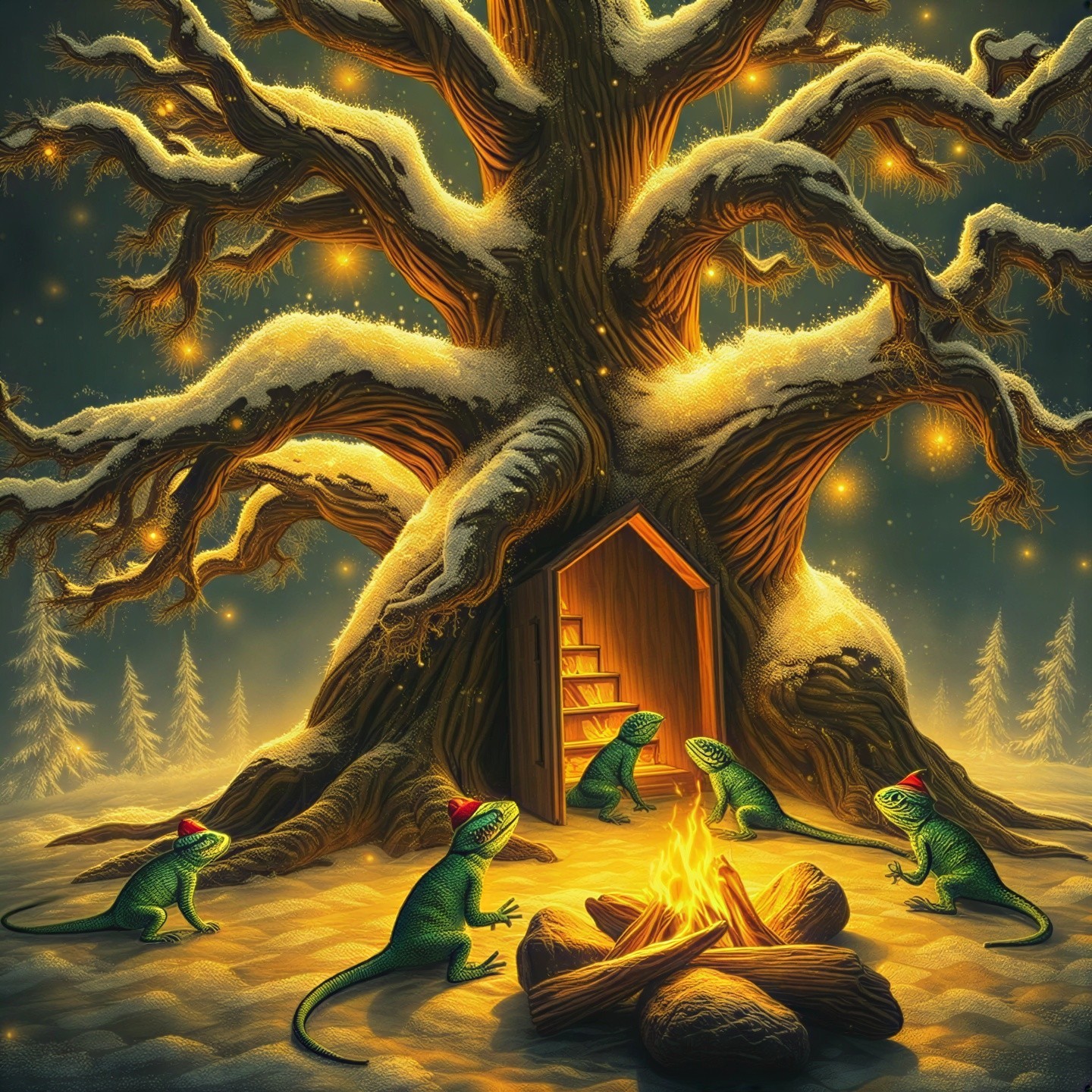 Illuminated Tree and Festive Lizards in Snowy Landscape