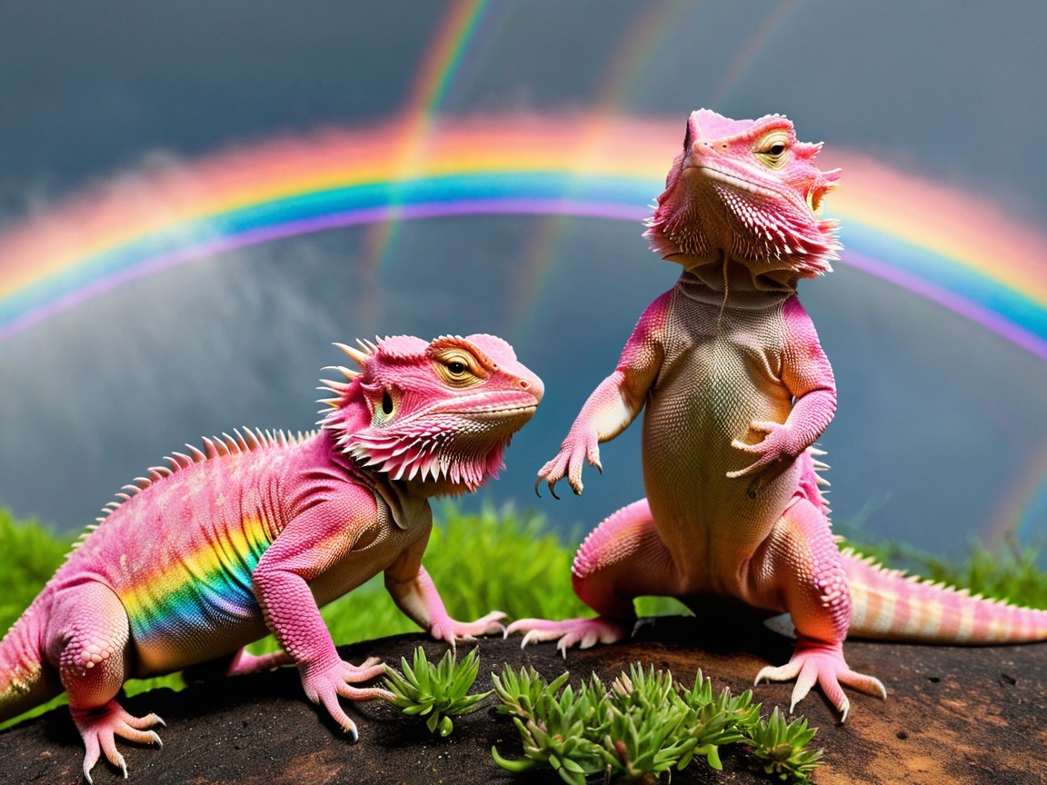 Pink Bearded Dragons with Rainbow Scales in Nature