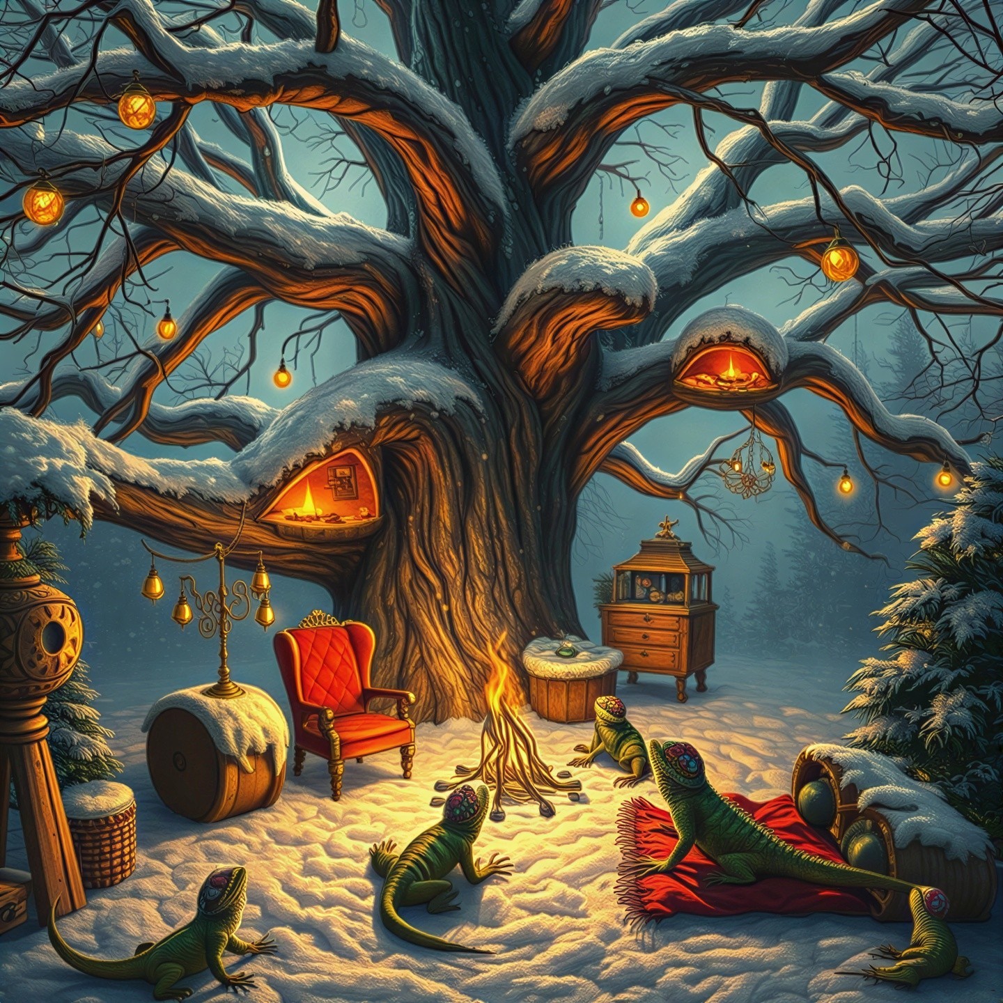 Whimsical Winter Scene with Lanterns and Cozy Decor