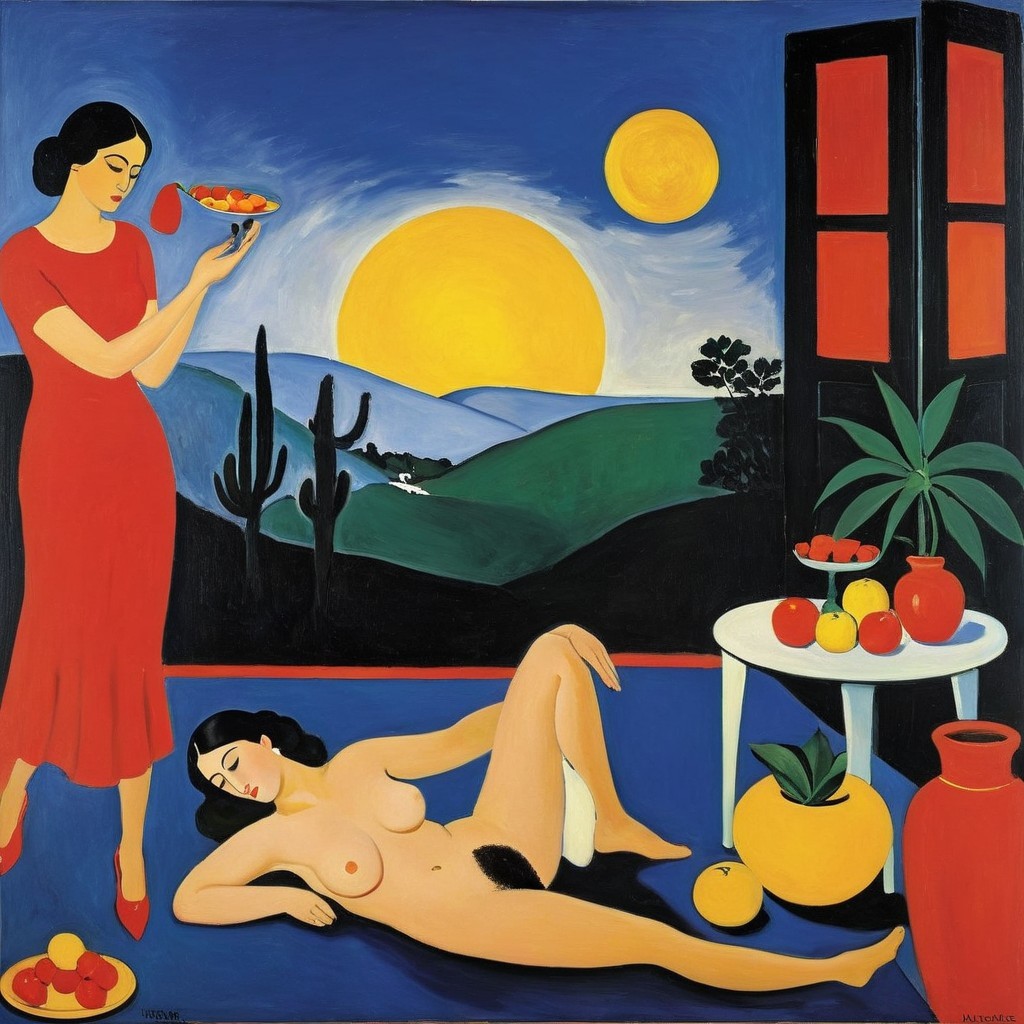 Vibrant Painting of Two Women in Colorful Landscape