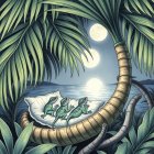 Lizards Relaxing on Cushion Among Tropical Landscape