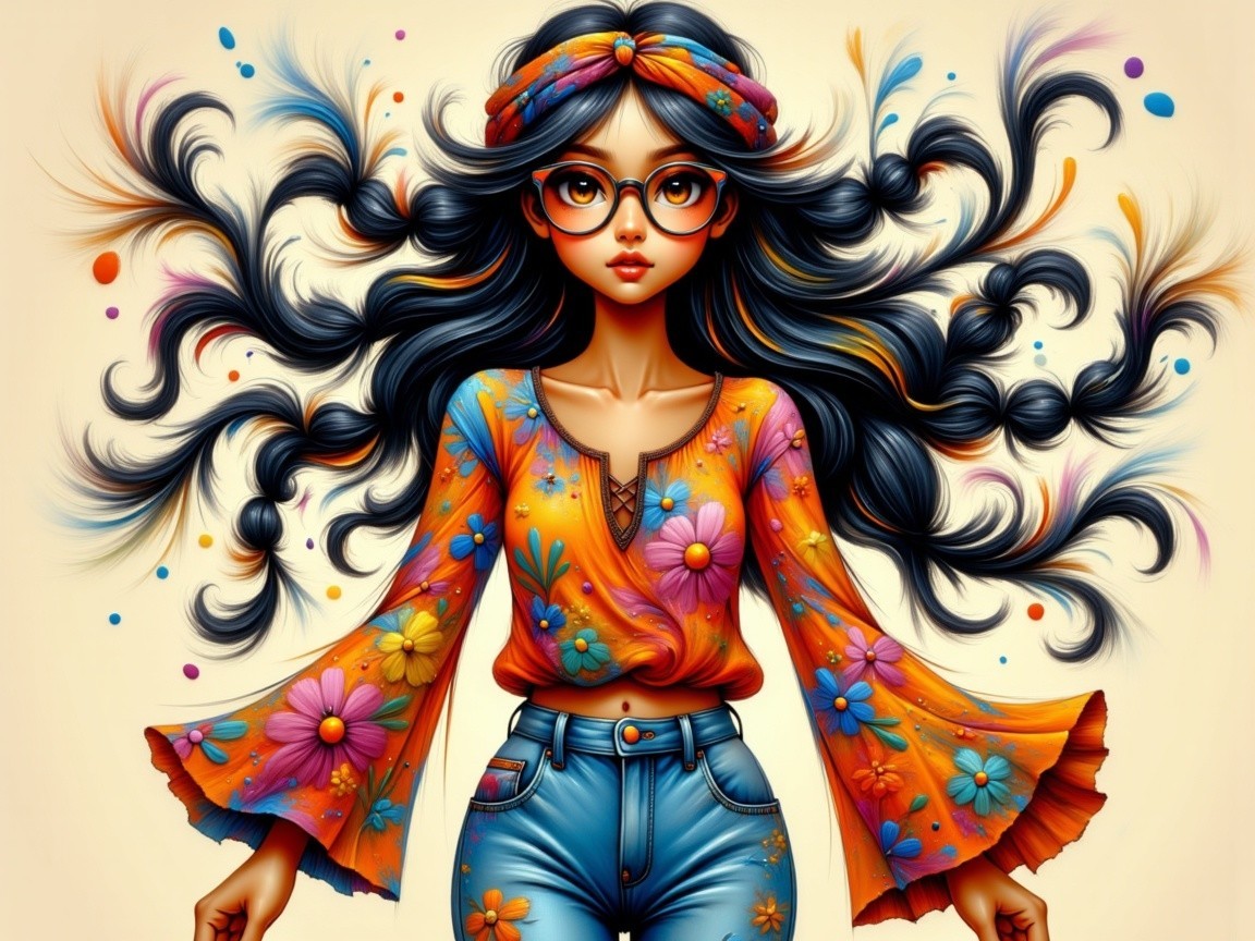 Whimsical Illustration of a Young Woman with Flowers