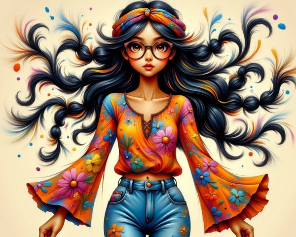 Whimsical Illustration of a Young Woman with Flowers