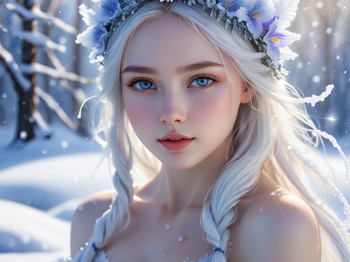 Girl with Silver Hair in Snowy Landscape