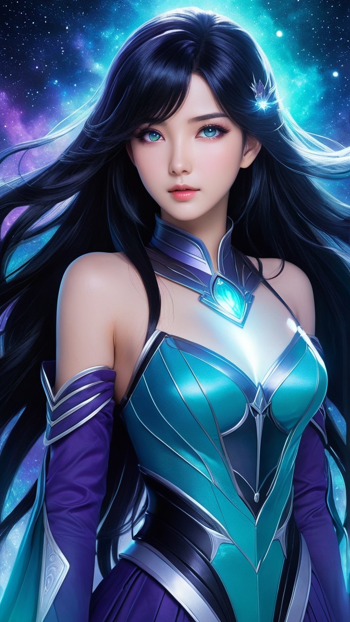 Character with Black Hair and Turquoise Eyes in Cosmos