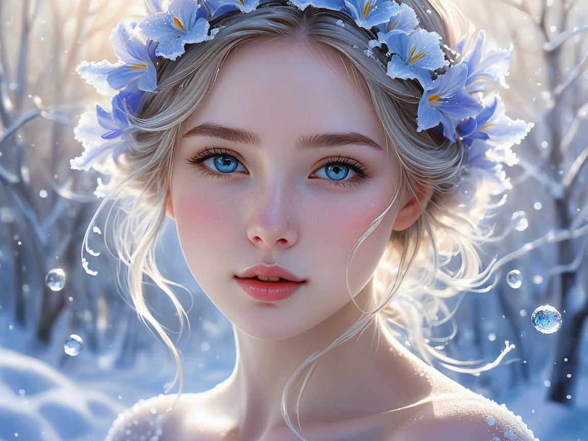 Young Woman in Snowy Landscape with Flower Crown