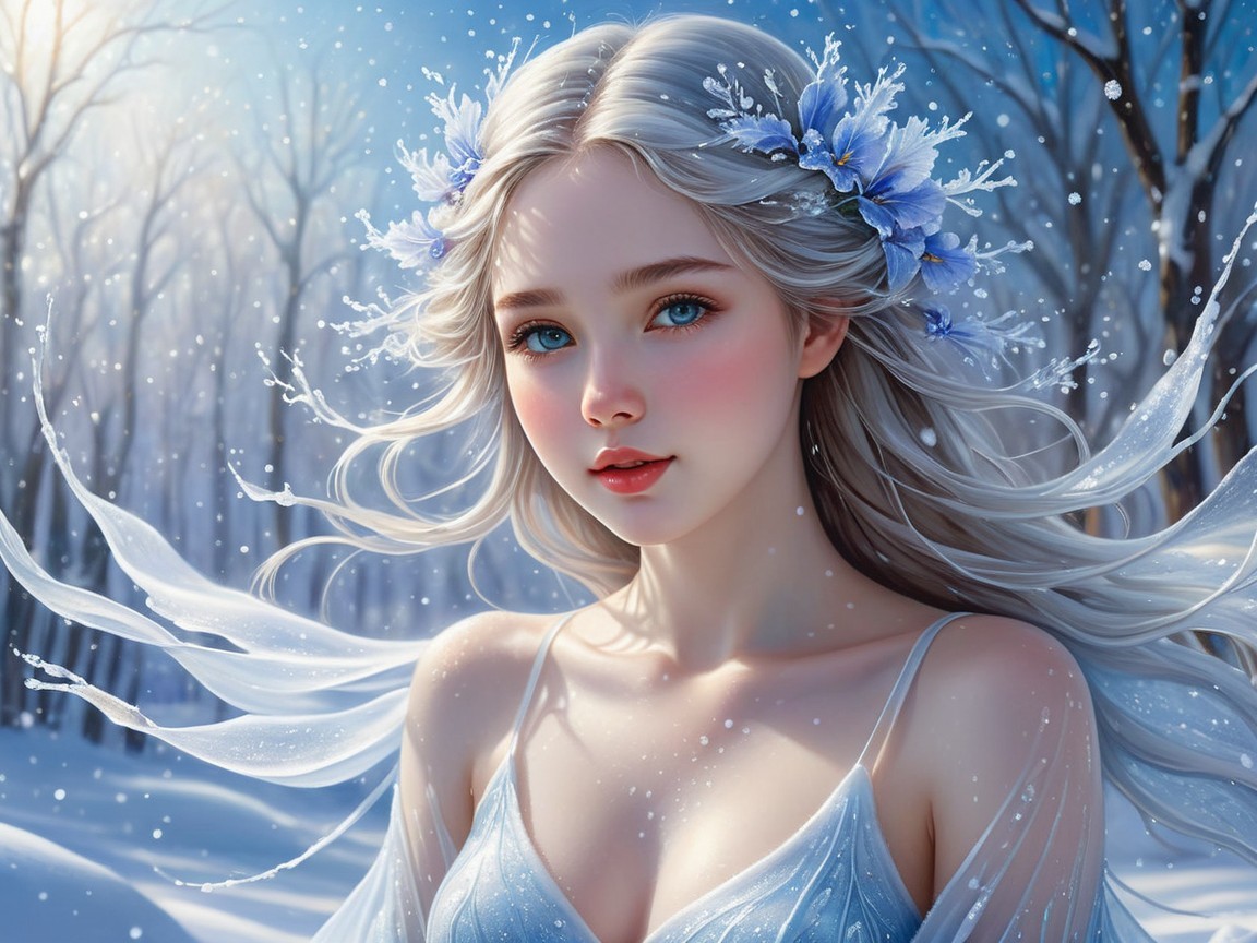 Serene Winter Scene with Young Woman in Blue Gown