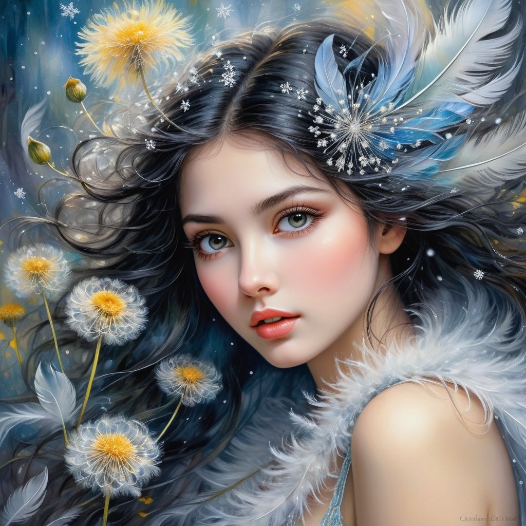 Portrait of a Young Woman with Flowers and Feathers