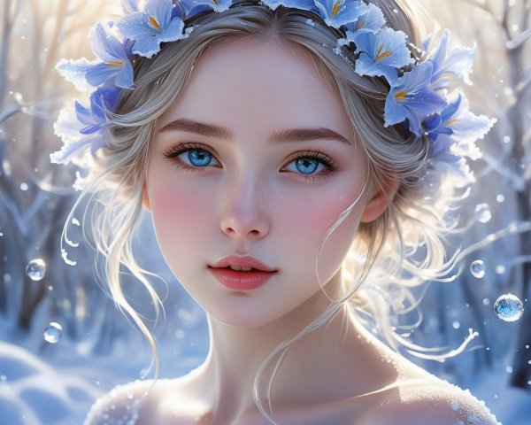 Young Woman in Snowy Landscape with Flower Crown