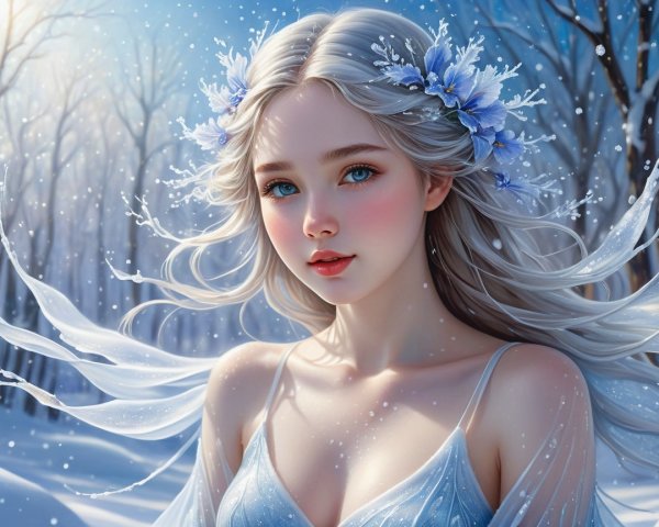 Serene Winter Scene with Young Woman in Blue Gown