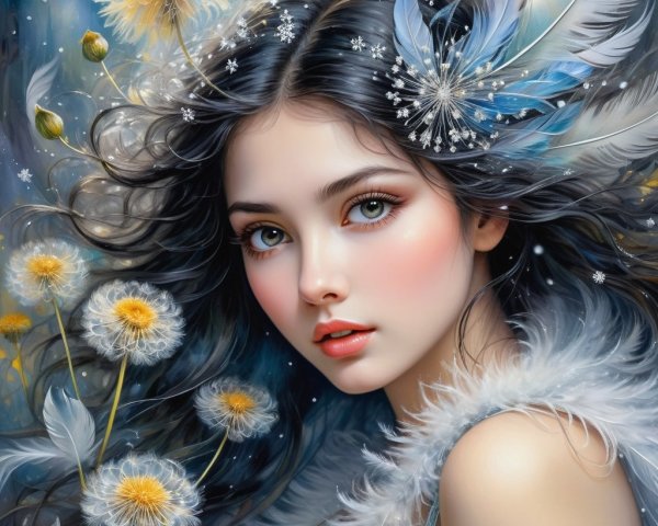 Portrait of a Young Woman with Flowers and Feathers