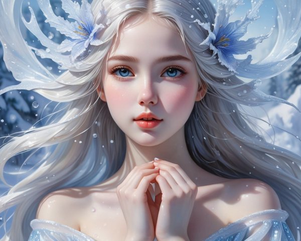 Serene Young Woman with White Hair in Winter Scene