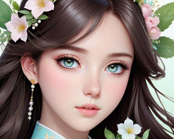 Young Woman with Aqua Eyes and Floral Elegance