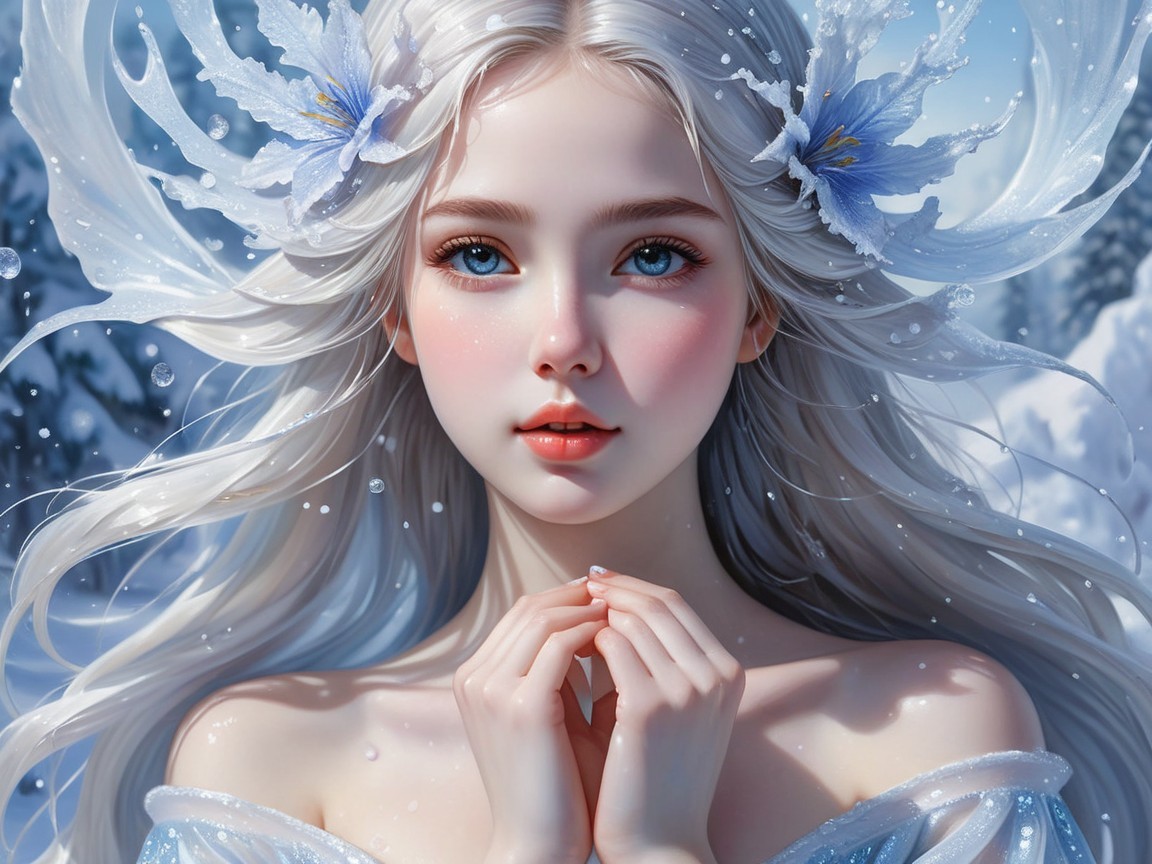 Serene Young Woman with White Hair in Winter Scene