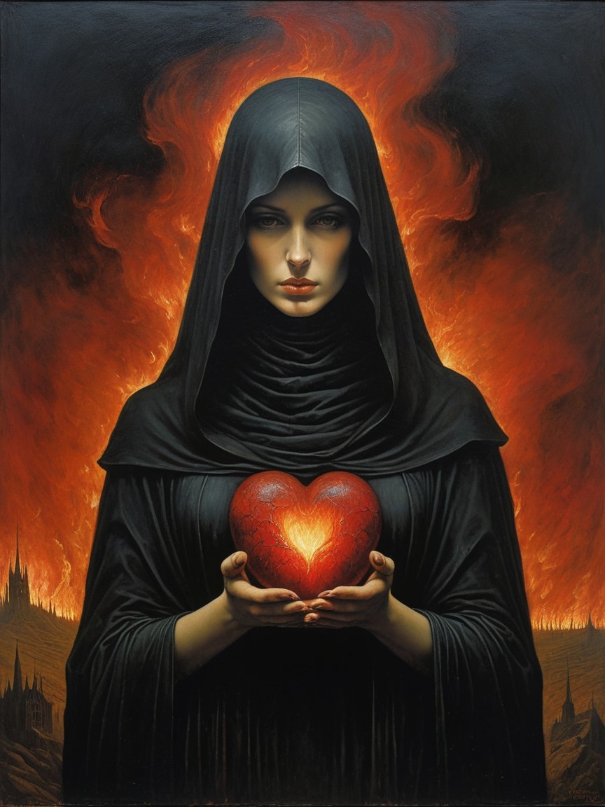 Mysterious Figure in Cloak with Glowing Heart Amid Flames
