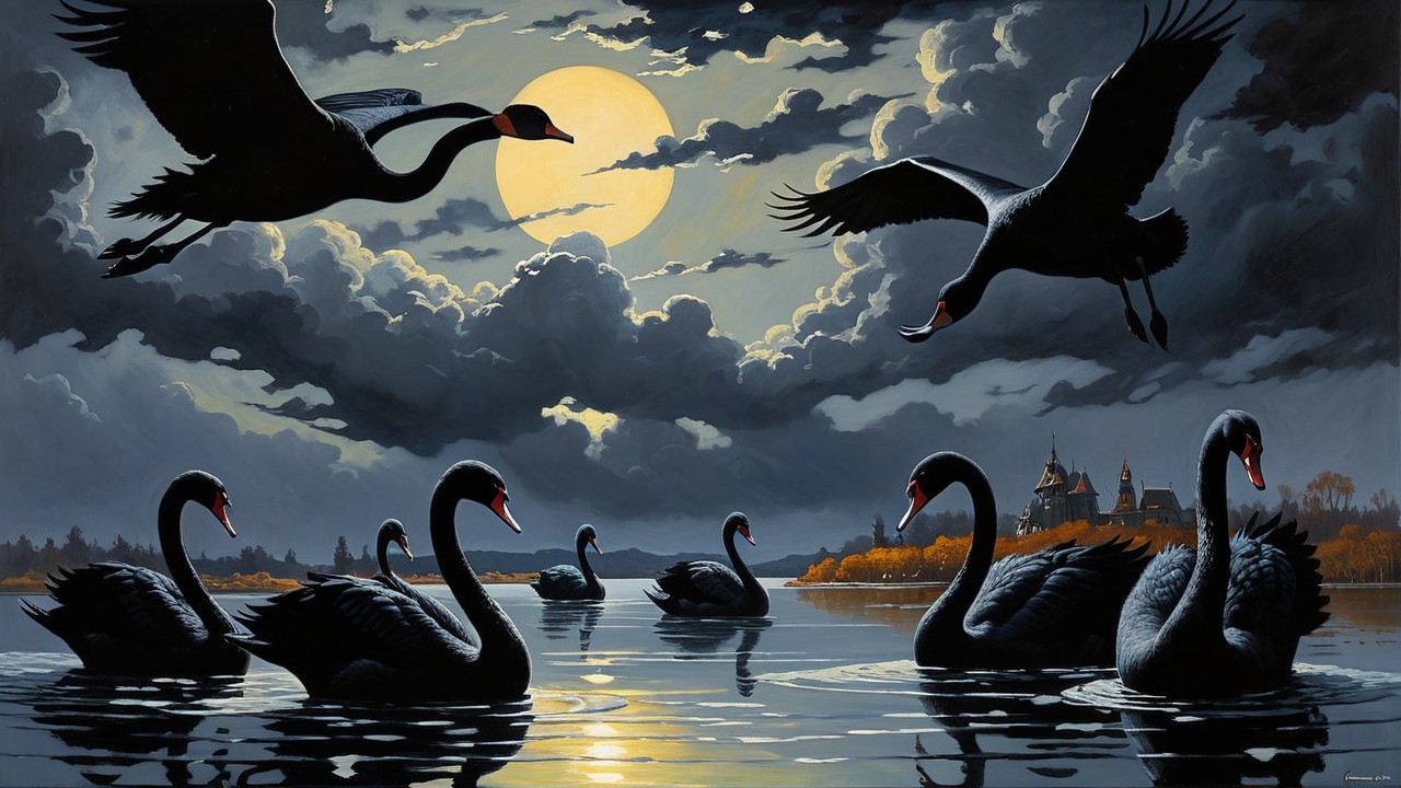 Luminous Moonlit Night with Swans and Castle Silhouette