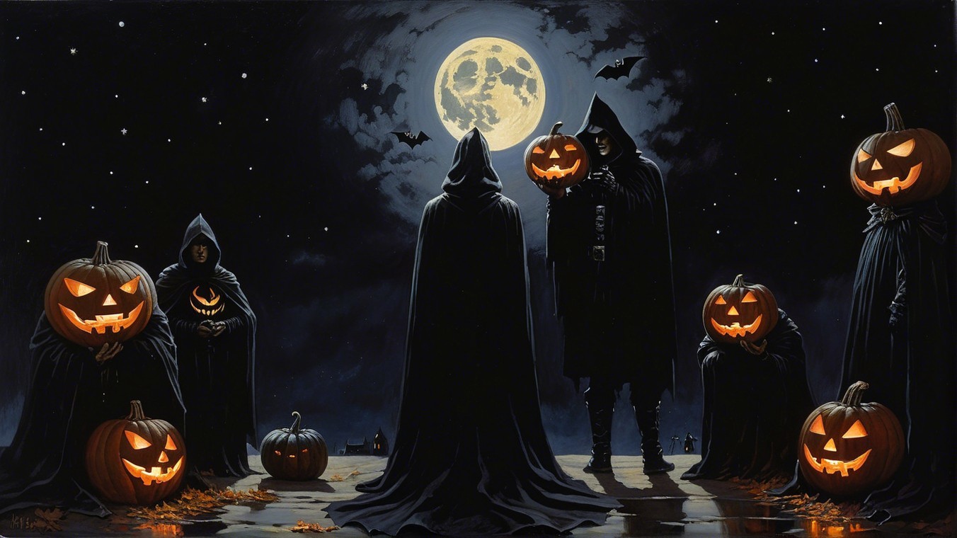 Cloaked Figures with Pumpkins Under Full Moon at Night