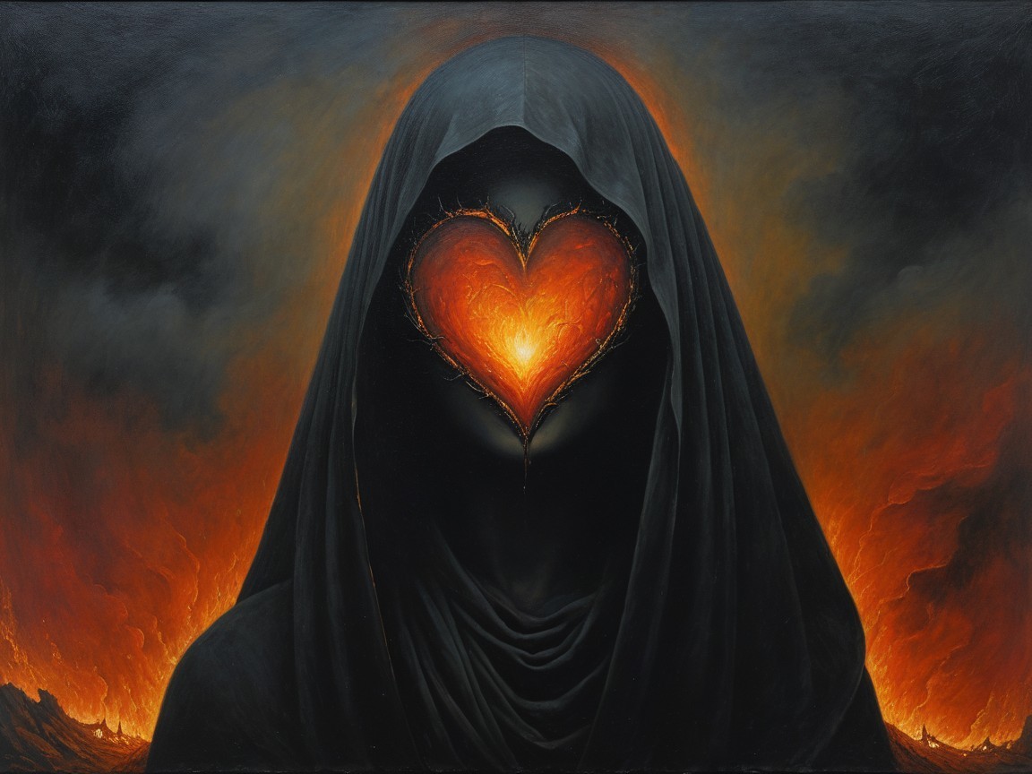 Cloaked Figure with Glowing Heart Against Fiery Background