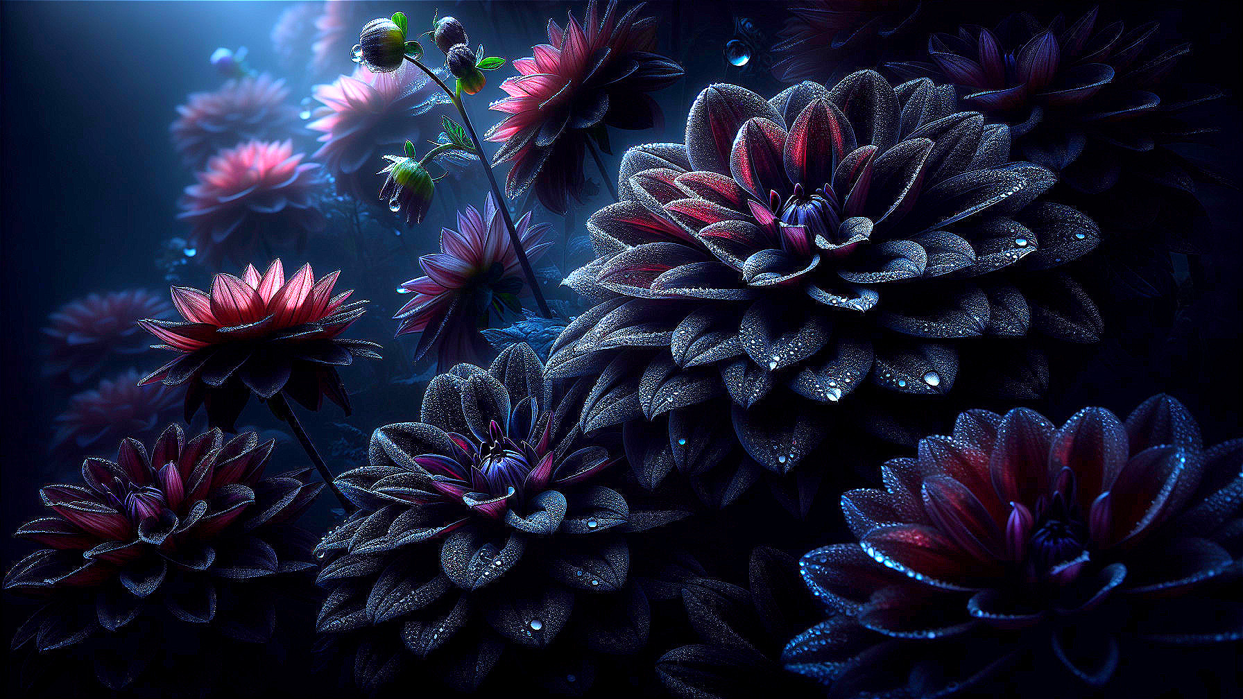 Vibrant Flowers in Dim Light with Dewy Petals