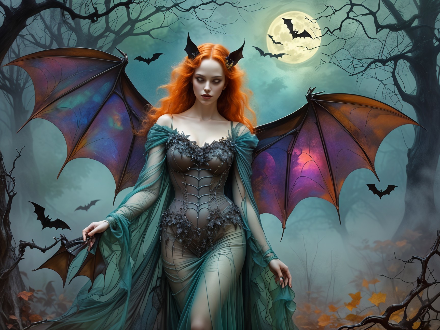 Mystical Forest Scene with Winged Figure and Bats