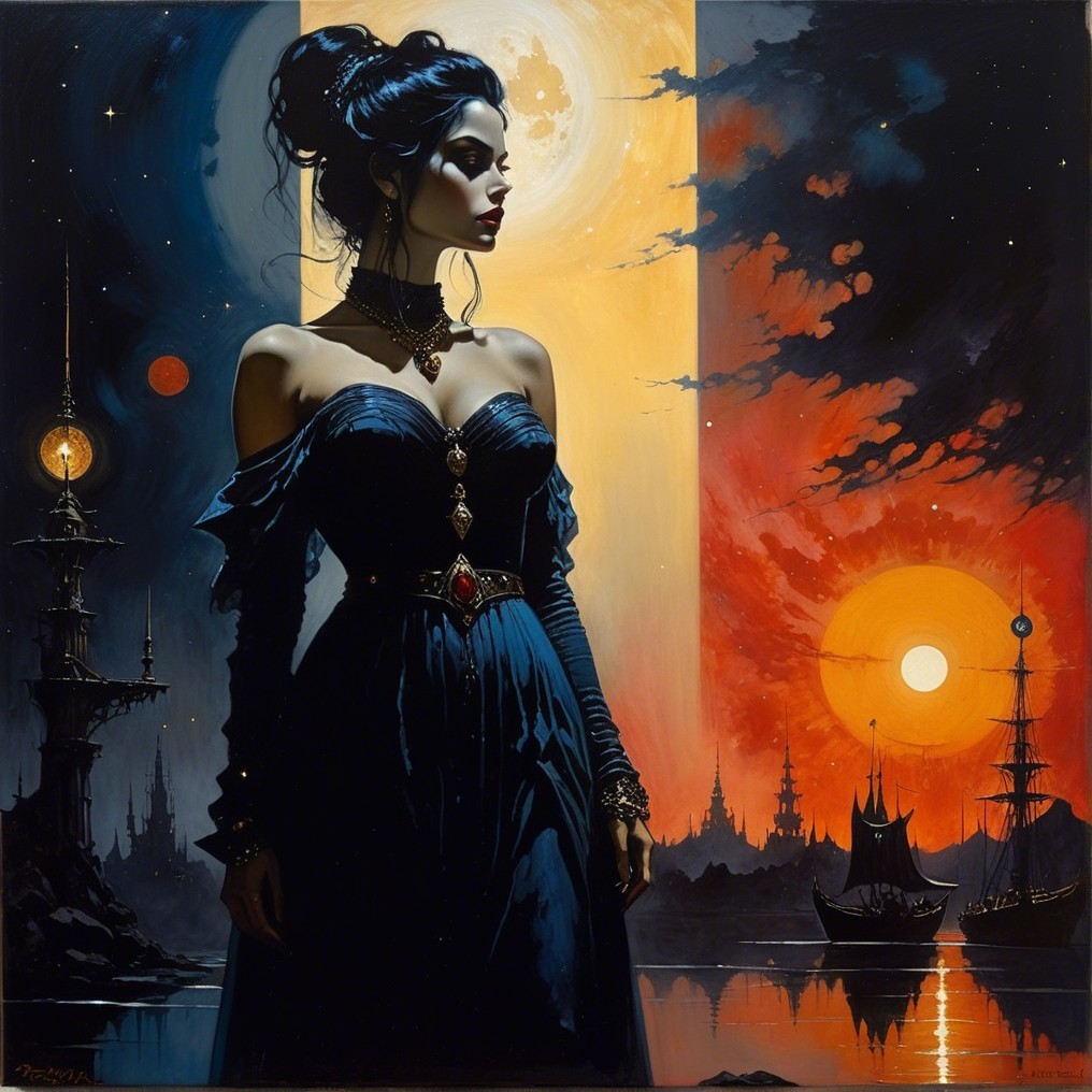 Fantasy Scene with Dark-Haired Woman at Twilight