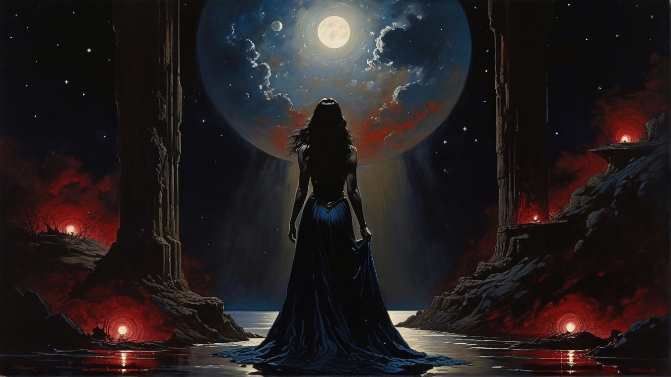Silhouetted figure by moonlit shore with stone pillars