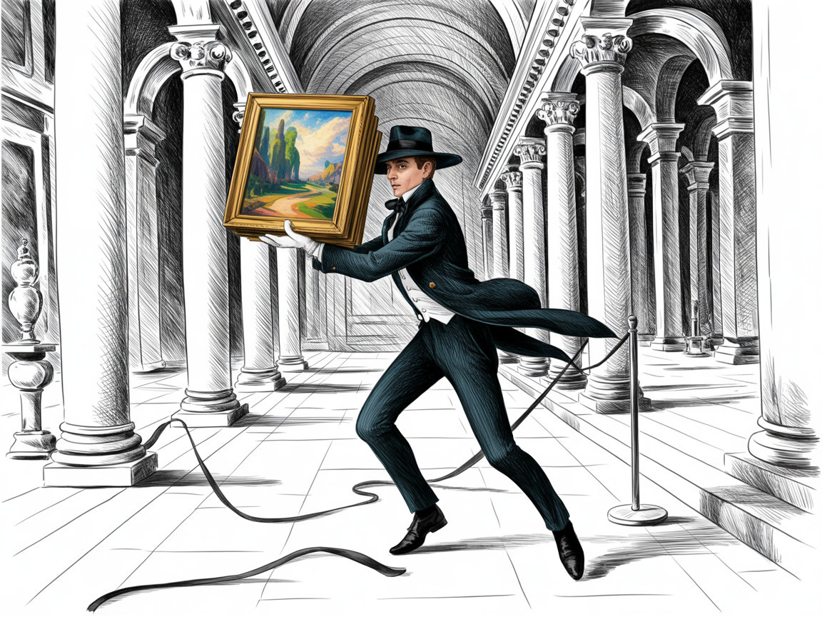 Dapper Figure in Tuxedo Steals Painting in Gallery