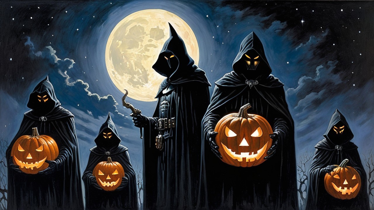 Hooded Figures with Jack-o'-Lanterns Under Full Moon