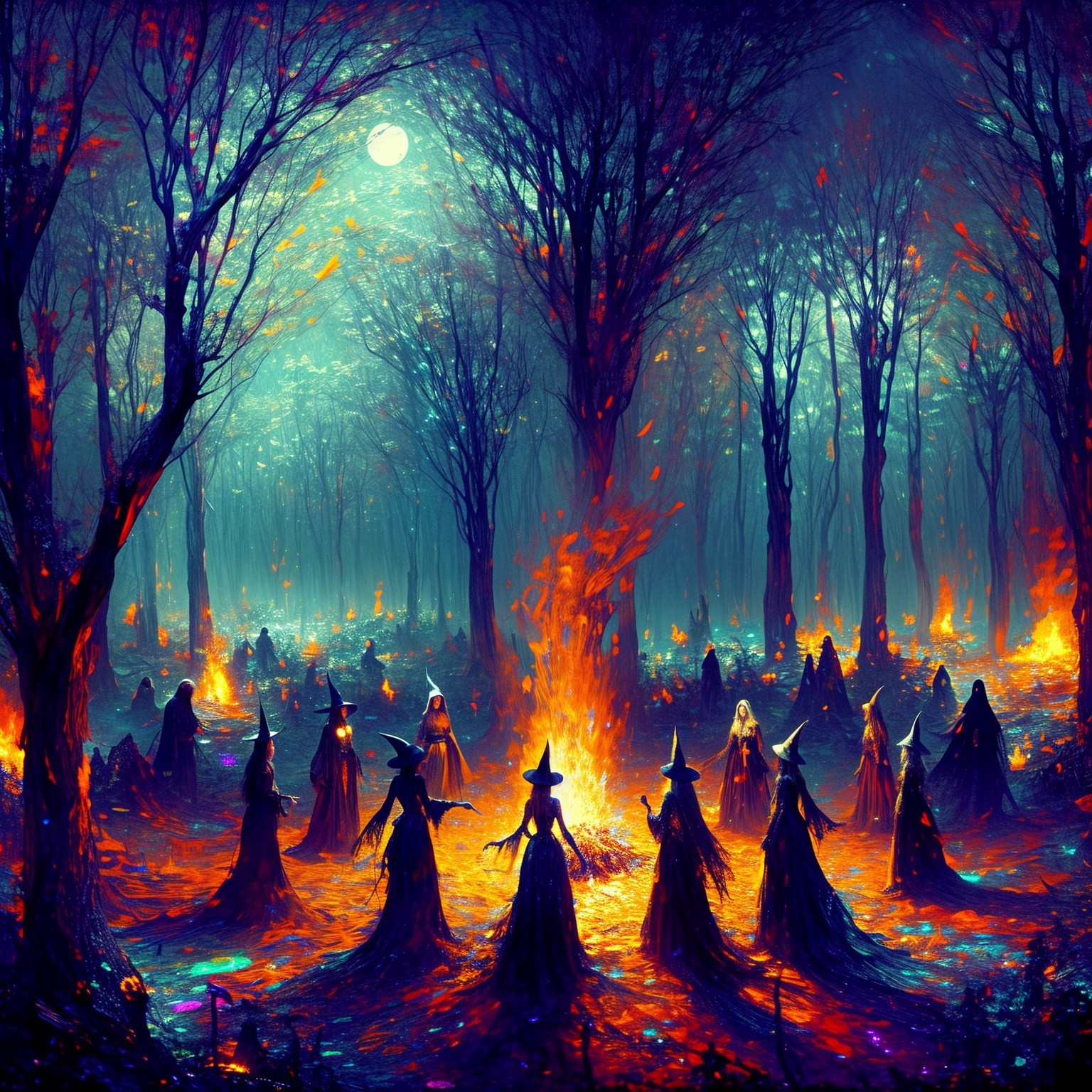 Witches Gather Around Bonfire in Mystical Forest