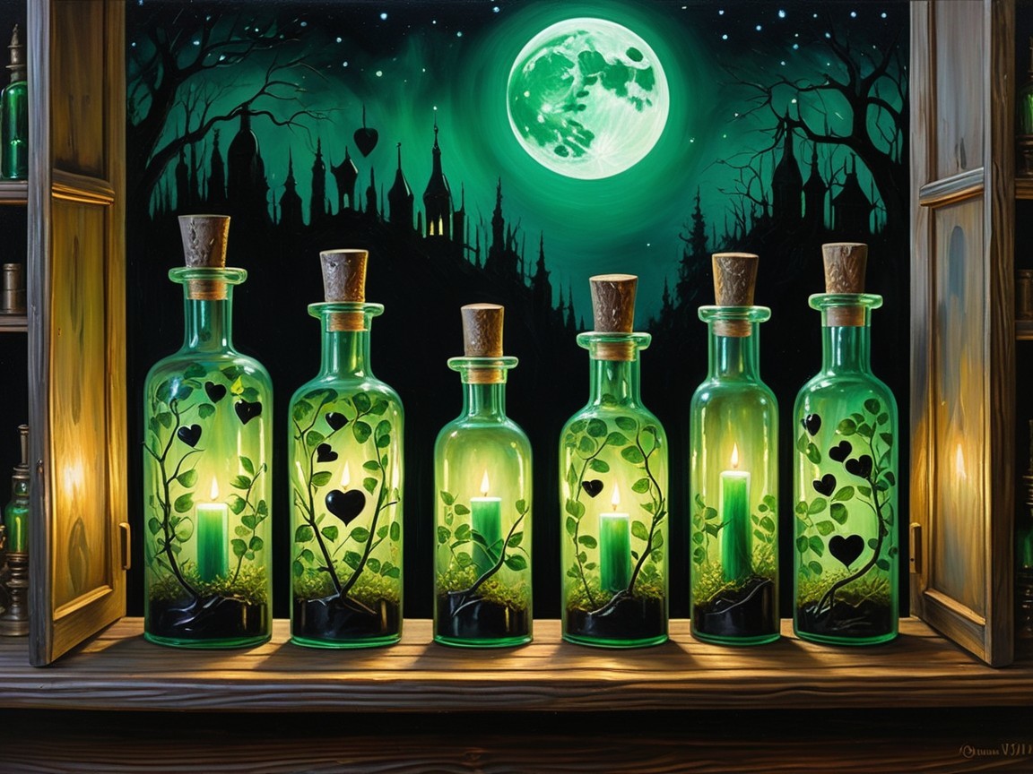 Whimsical Green Glass Bottles with Glowing Candles