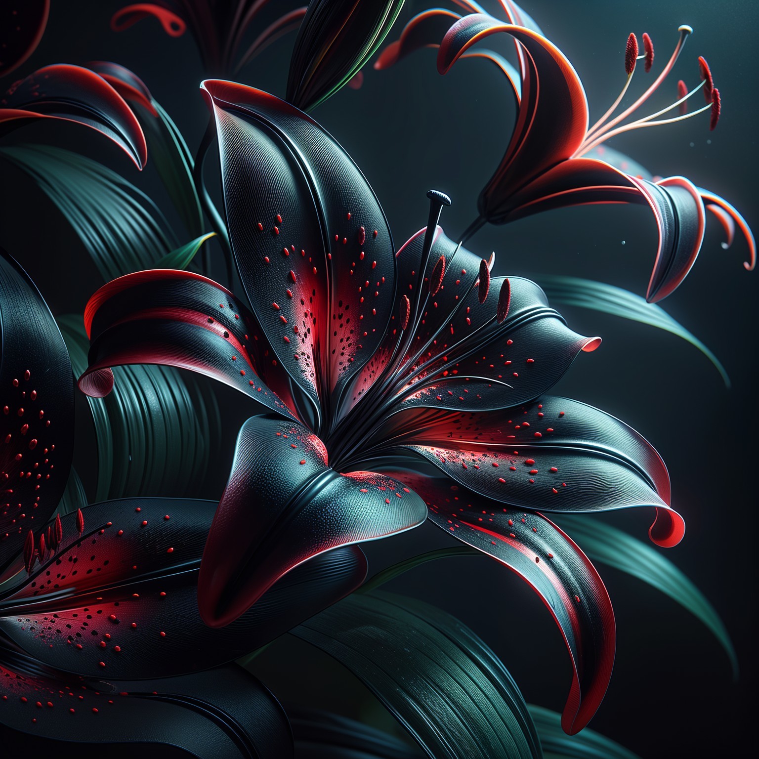 Digitally Rendered Flowers with Glossy Black Petals